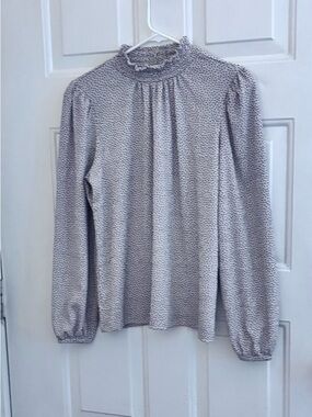 LOFT Tan High-Neck Long Sleeve with Black Dot-Print Blouse